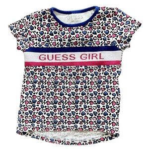 GUESS Girl Heart Leopard Print Logo Tee - Pink/Blue/Black size 2